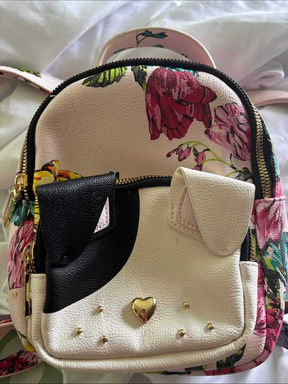 Betsey Johnson Cream Floral Mini Backpack with Black Accent & Gold Heart